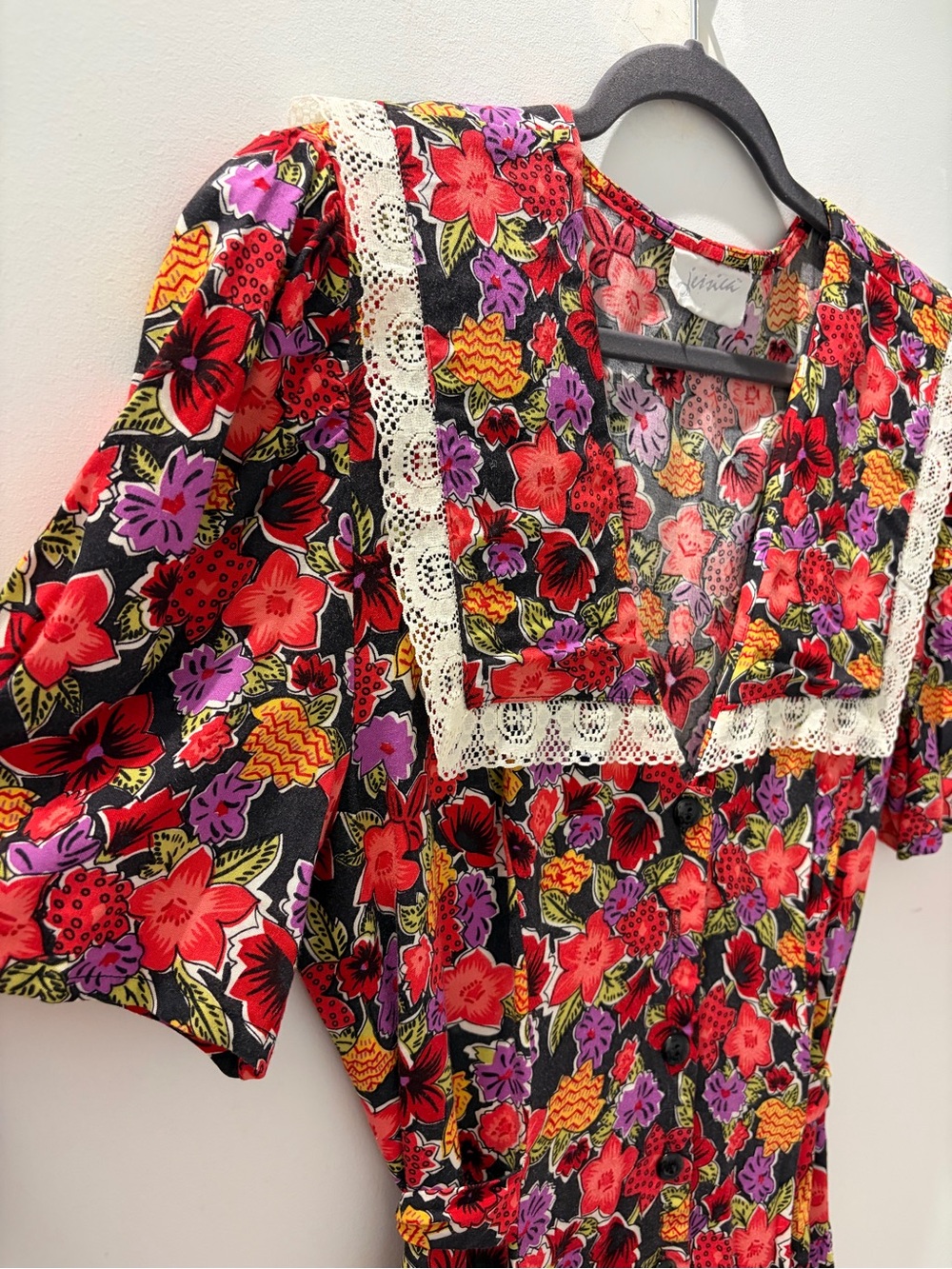 Vintage Jessica Floral Midi Dress Peter Pan Lace Collar Tie Waist Prairie Dress - Picture 3 of 5